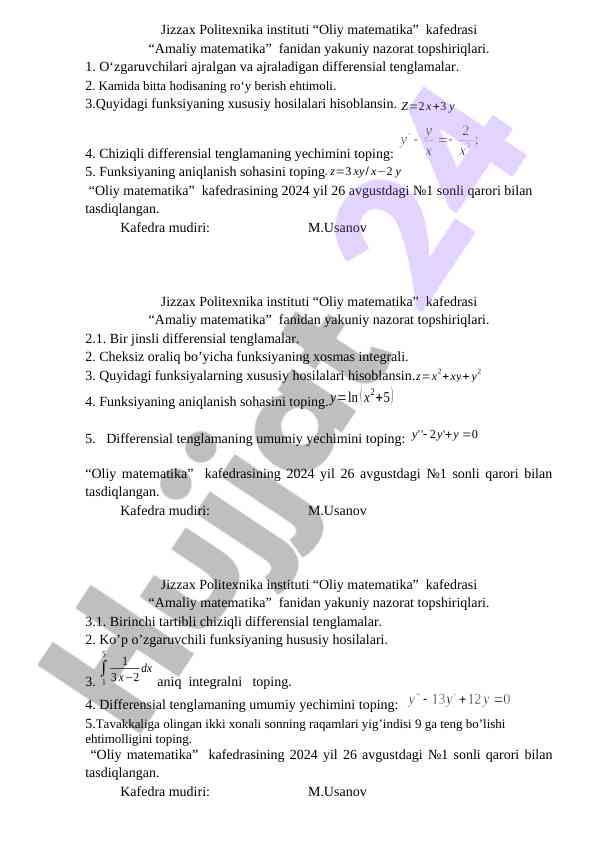 Amaliy matematikadan yakuniy nazorat topshiriqlari