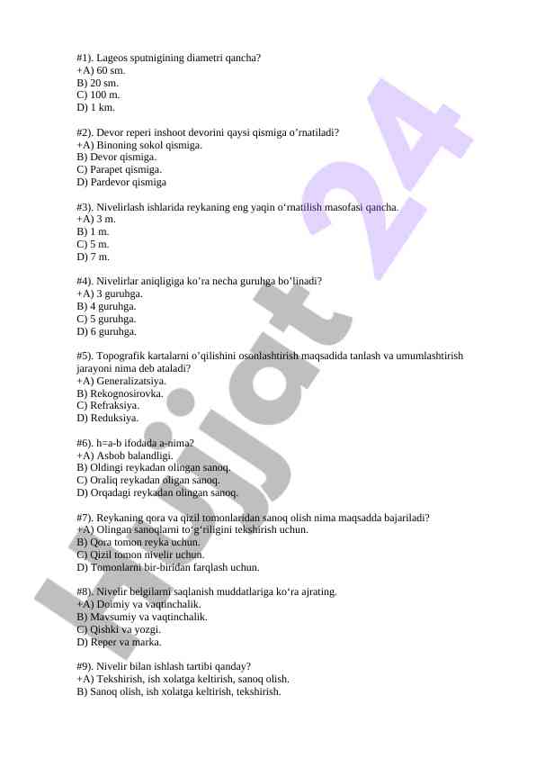 Topografik kartalarga oid test savollari