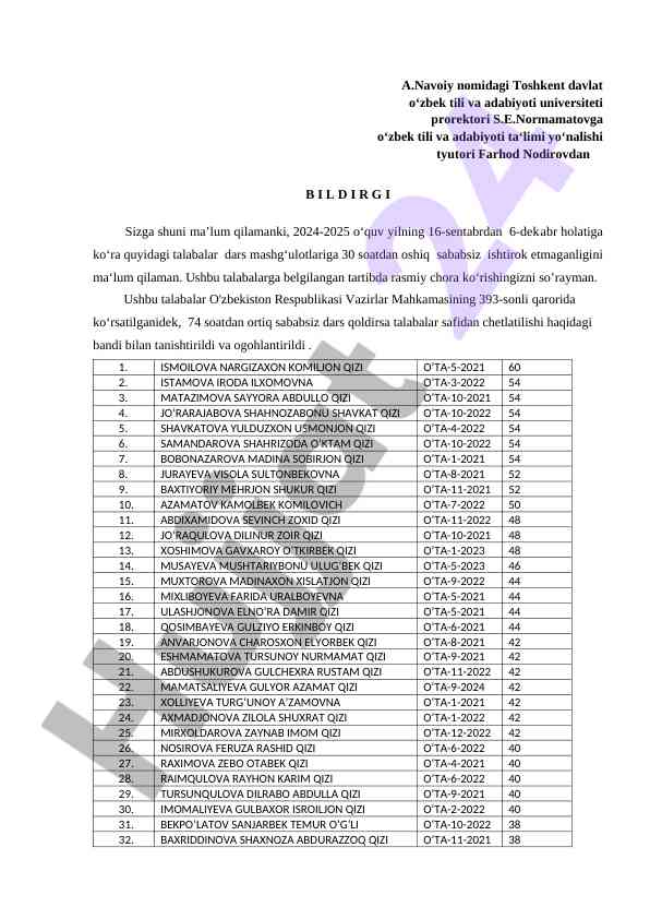 Talabalar dars mashg‘ulotlari ishtiroki to‘g‘risida