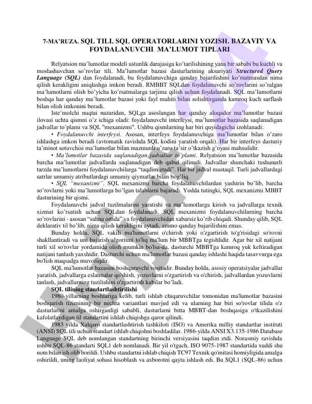 Sql tili: operatorlarni yozish va ma'lumot turlari