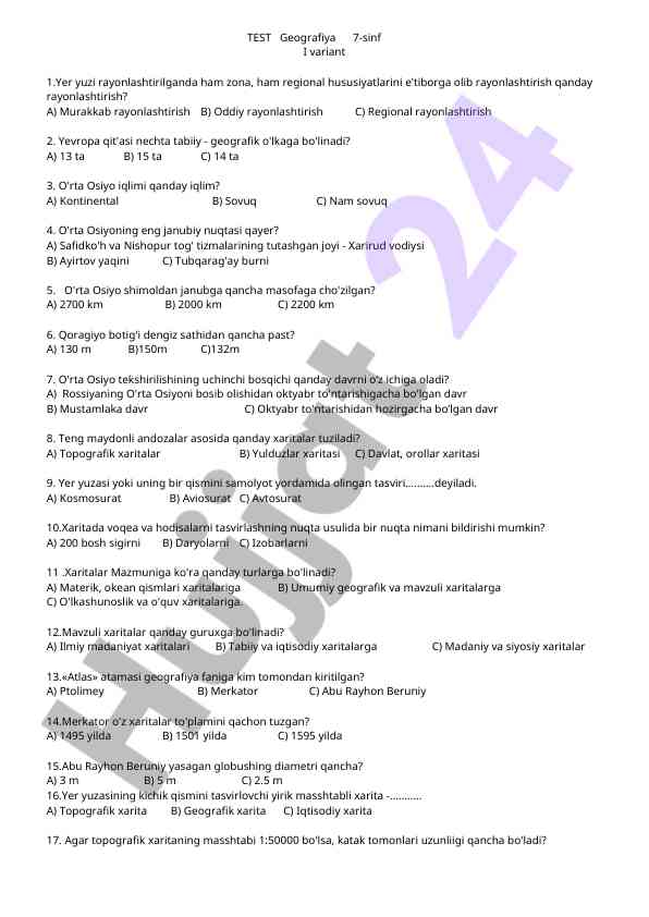 Geografiya 7-sinf test savollari