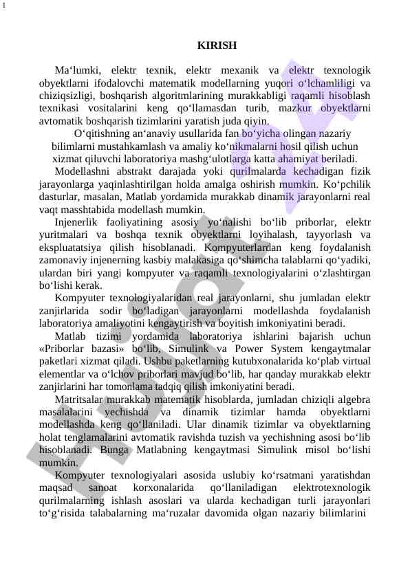 Elektr texnologik ob'yektlarida modellash usullari
