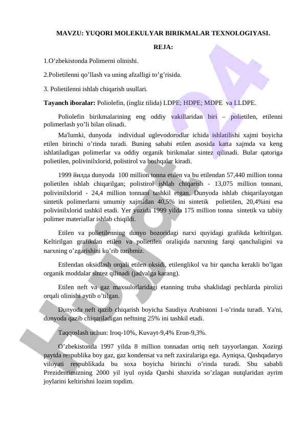 Yuqori molekulyar birikmalar texnologiyasi