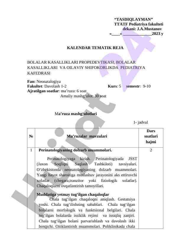 Bolalar kasalliklari propedevtikasi kalendar reja