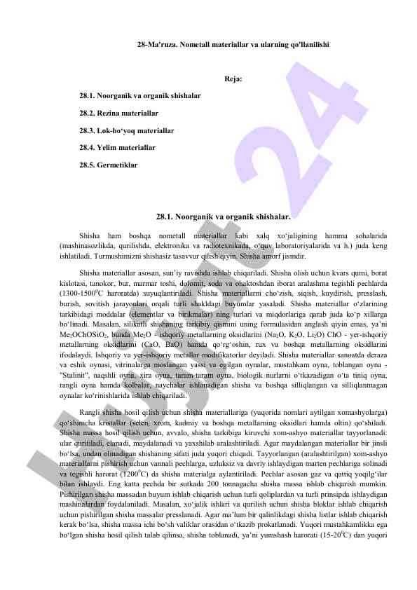 Nometall materiallar va ularning qo'llanilishi