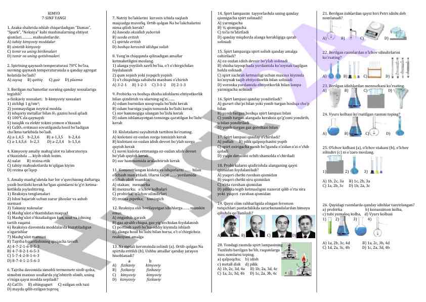 Kimyo 7-sinf test savollari vaqtida o'qish