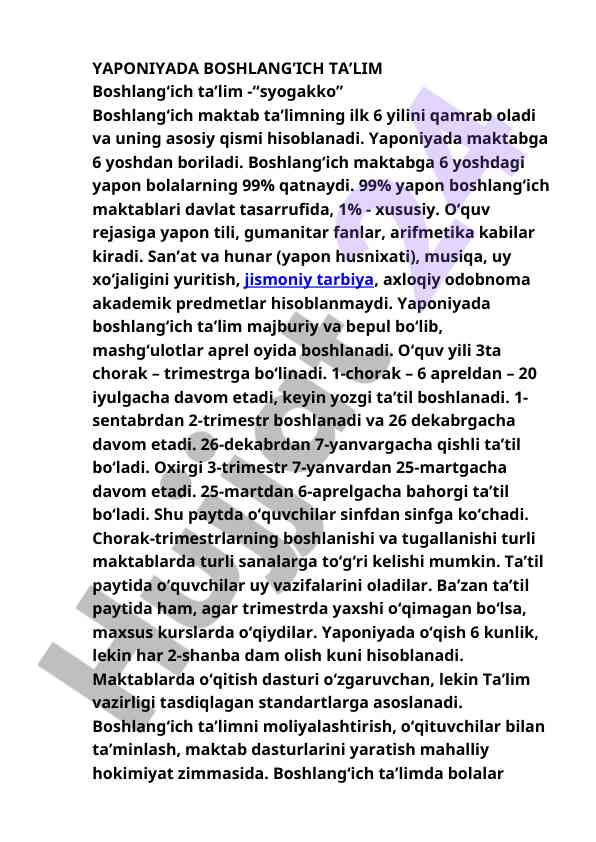 Yaponiyada boshlang'ich ta'lim tizimi