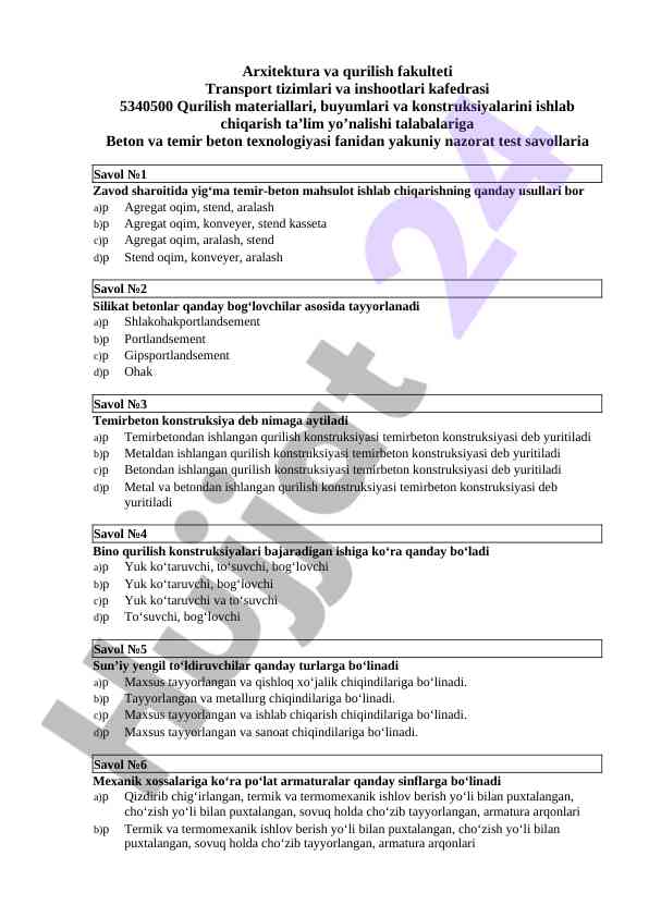 Beton va temir beton texnologiyasi test savollari