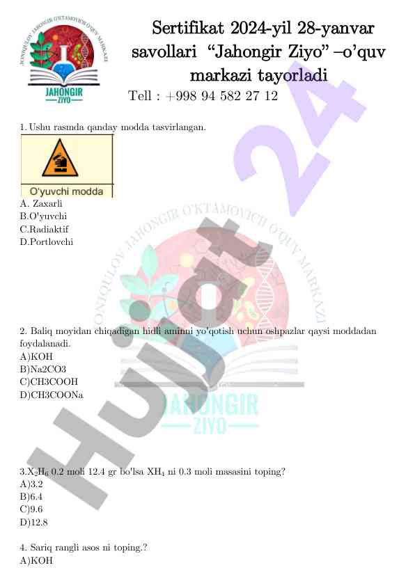 Kimyo testlari 2024 yilga oid savollar