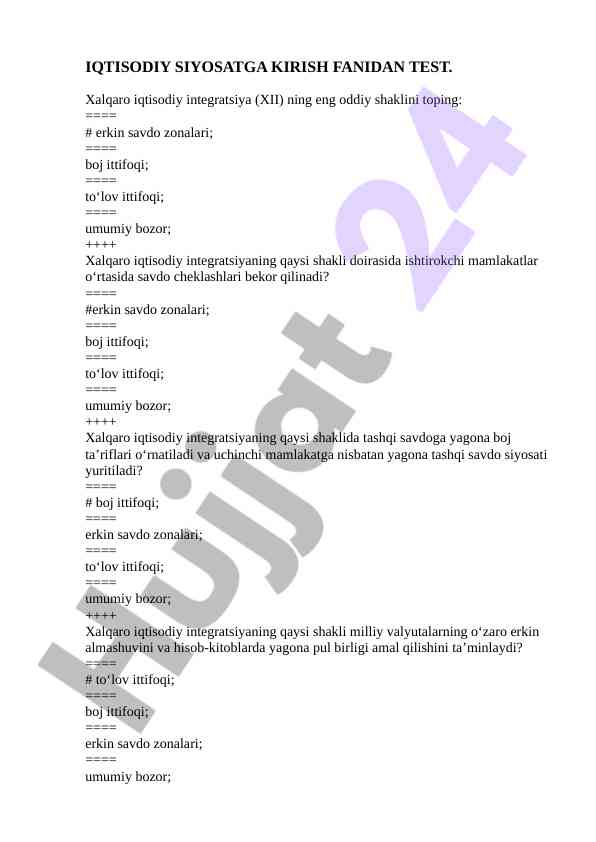 Iqtisodiy integratsiya soha testi to'g'risida