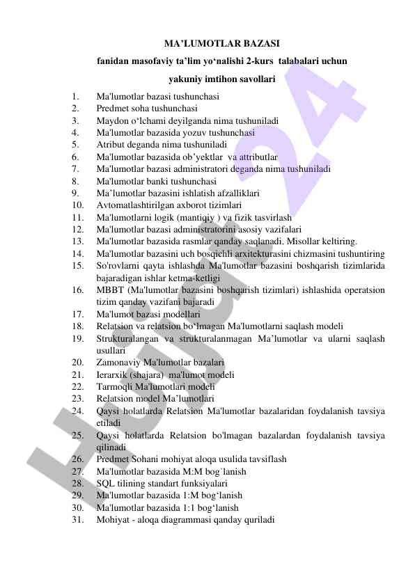 Ma’lumotlar bazasi fanidan imtihon savollari