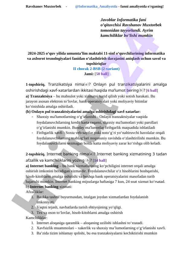 Informatika savol va topshiriqlar ii chorak 2-variant