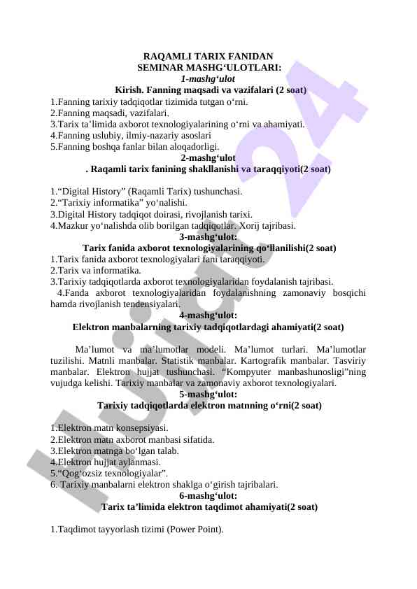 Raqamli tarix fanidan seminar mashg‘ulotlari
