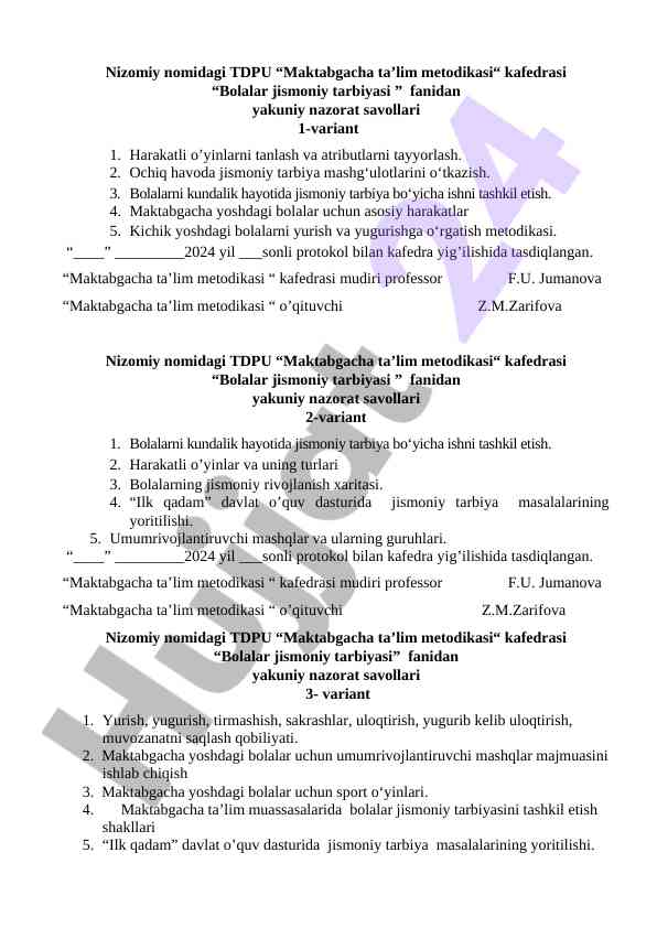 Bolalar jismoniy tarbiyasi fanidan yakuniy nazorat savollari