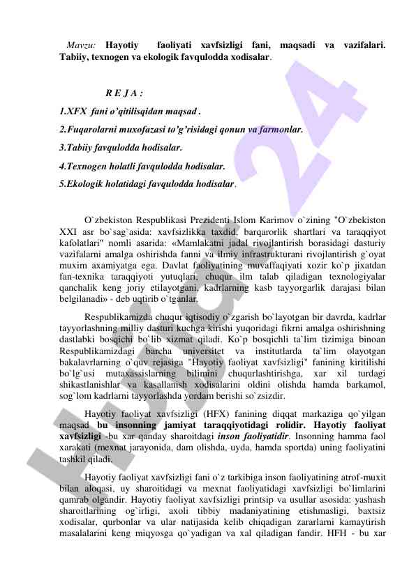 Hayotiy faoliyati xavfsizligi fani va vazifalari