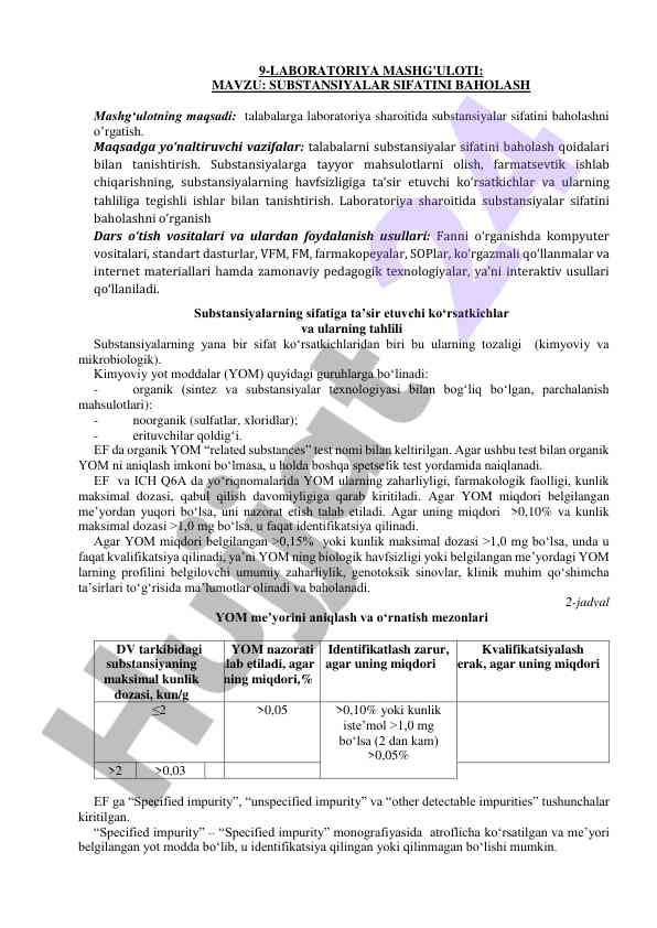 Substansiyalar sifatini baholash laboratoriya mashg‘uloti