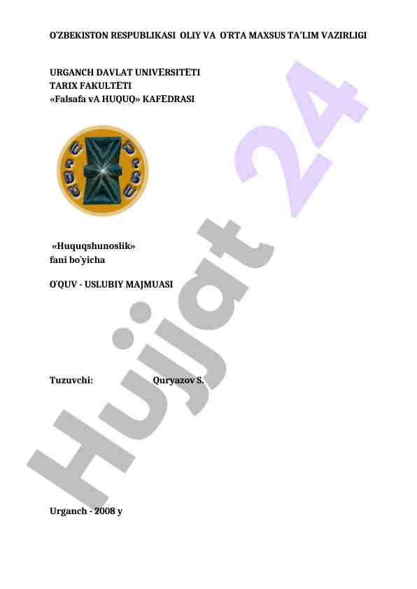 Huquqshunoslik fani bo‘yicha o‘quv-uslubiy majmuasi