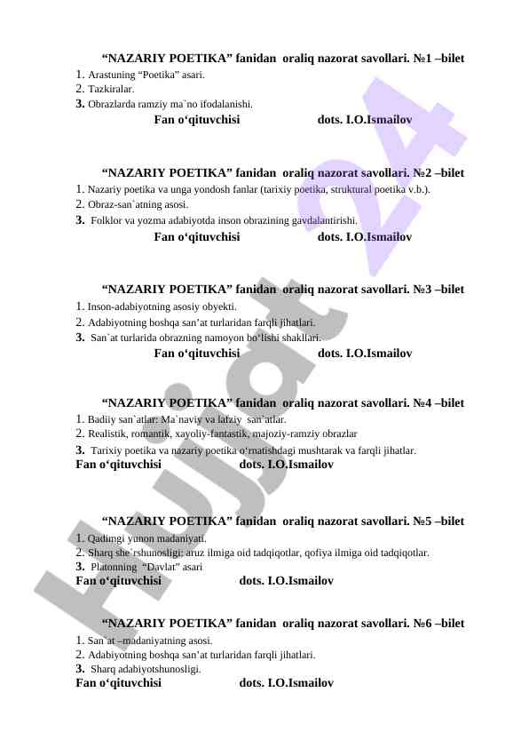 Nazariy poetika fanidan oraliq nazorat savollari