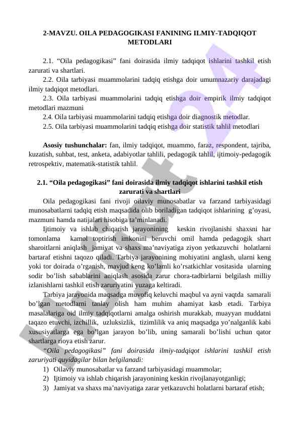 Oila Pedagogikasi Fanining Ilmiy Tadqiqot Usullari