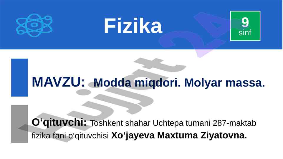 Modda miqdori va molyar massa bo‘yicha topshiriqlar