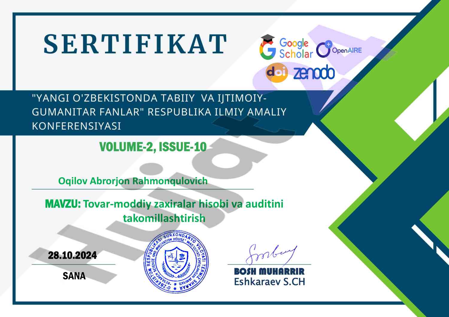 Tovar-moddiy zaxiralar hisobi va auditini takomillashtirish