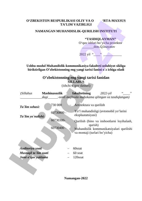 O’zbekistonning eng yangi tarixi fanidan sillabus