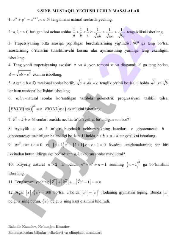 Matematik bilimlar bellashuvi va olimpiada masalalari