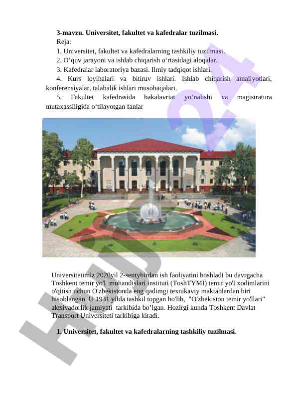 Universitet va kafedralar tuzilmasi va ish faoliyati