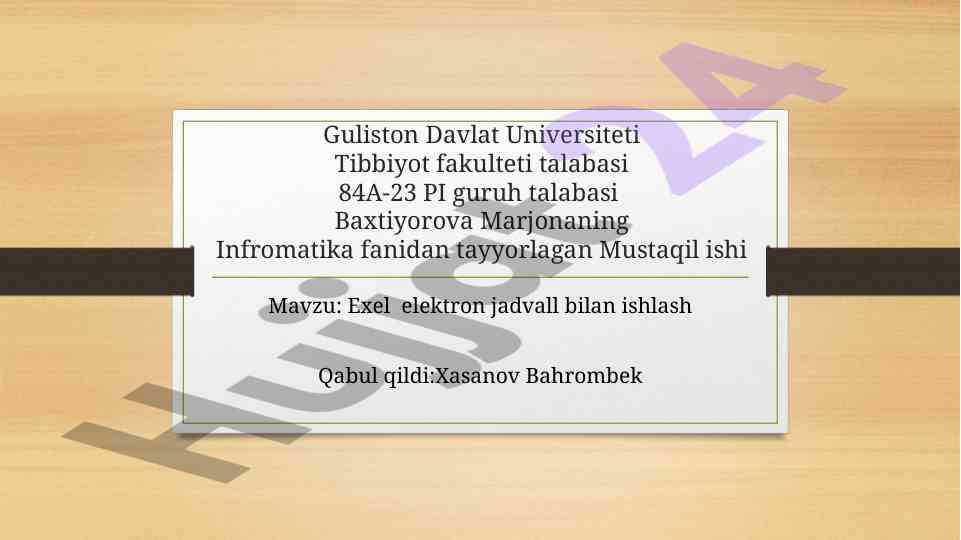 Excel elektron jadval bilan ishlash bo‘yicha mustaqil ish