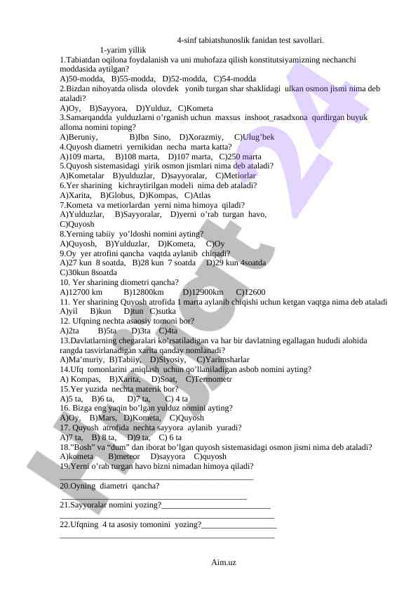 4-sinf tabiatshunoslik fanidan test savollari