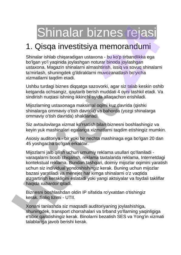 Shinalar biznes rejasi va investitsiya memorandumi