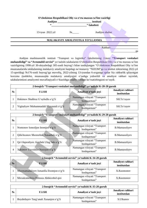 Malakaviy amaliyotga yo‘llanma boshqaruv