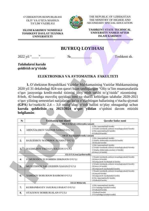 Talabalarni kursda qoldirish bo‘yicha buyruq loyihasi