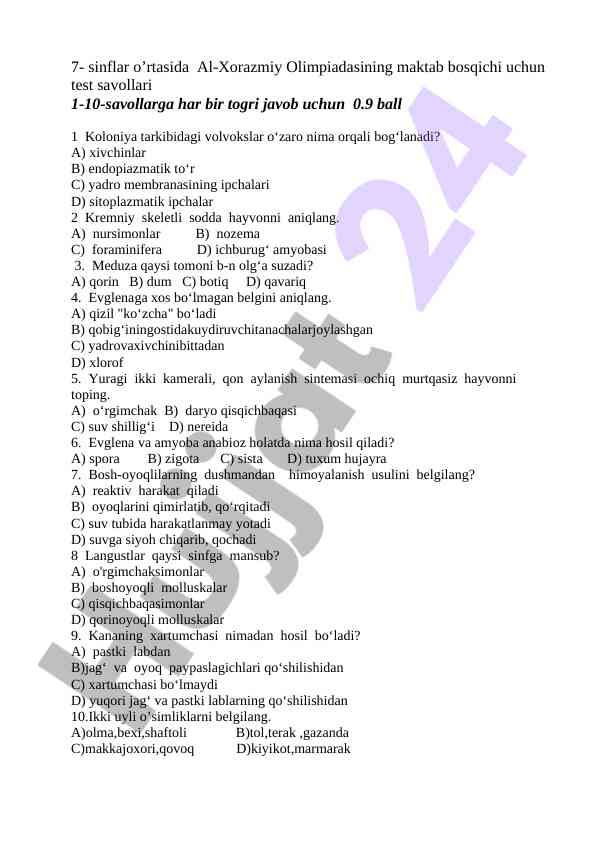 Al-xorazmiy olimpiadasi 7-sinf test savollari