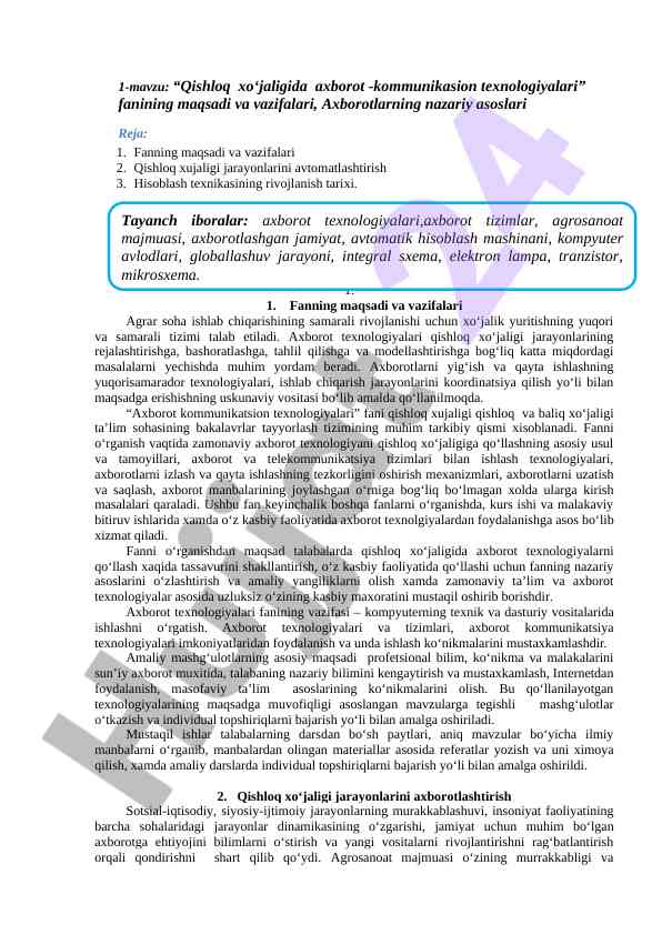 Qishloq xo‘jaligida axborot kommunikatsion texnologiyalari