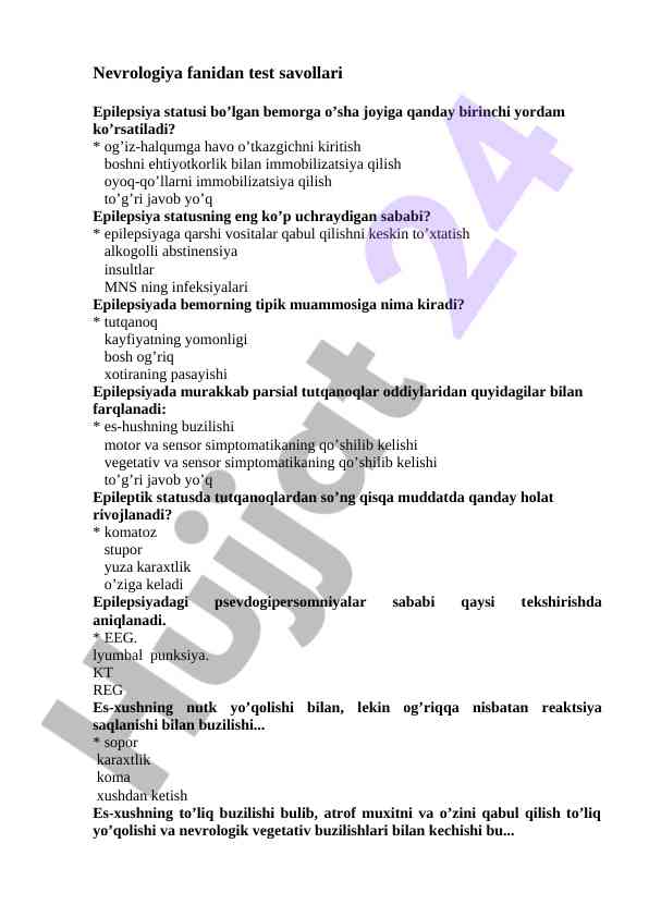 Nevrologiya fanidan test savollari epilepsiya