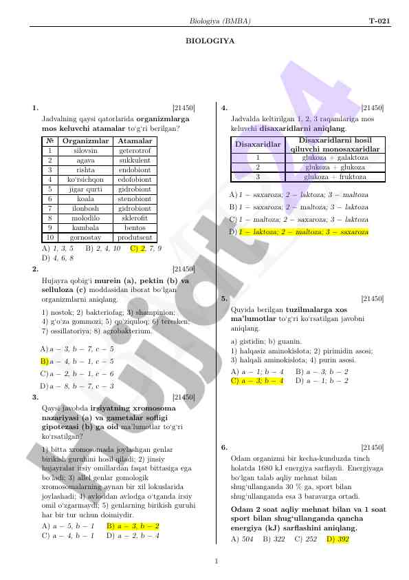 Biologiya t-021 kursi savollari va javoblari