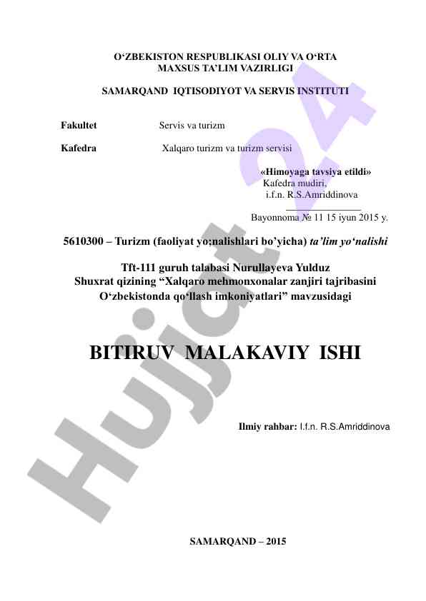 Xalqaro mehmonxonalar zanjiri tajribasi o‘zbekistonda