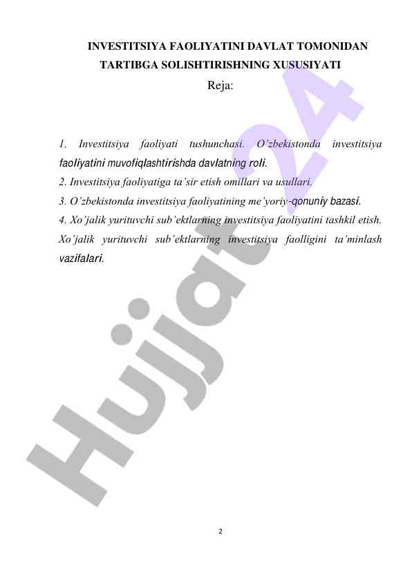 Investitsiya faoliyati davlat tartibga solish xususiyati