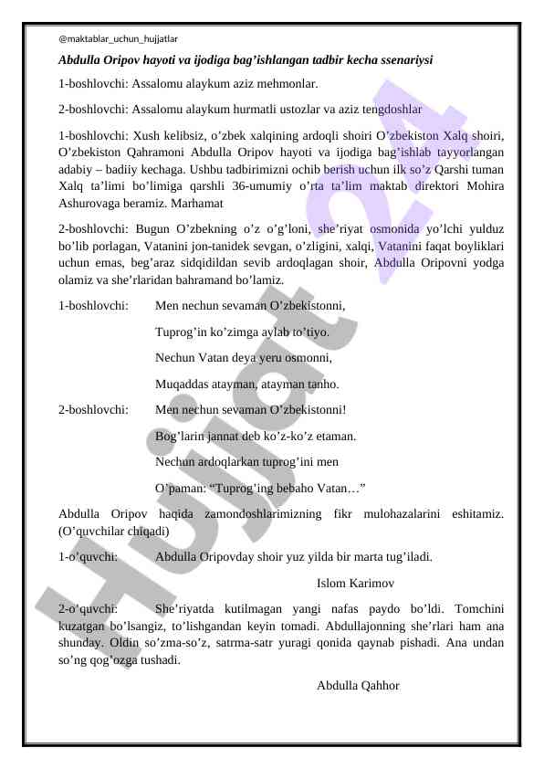 Abdulla oripov hayoti va ijodiga bag’ishlangan tadbir