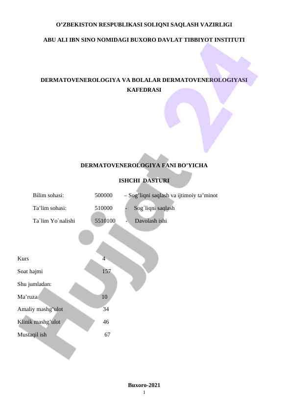 Dermatovenerologiya fani bo'yicha ishchi dastur