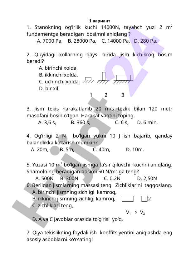 Mekanikani o‘rganishda test savollari