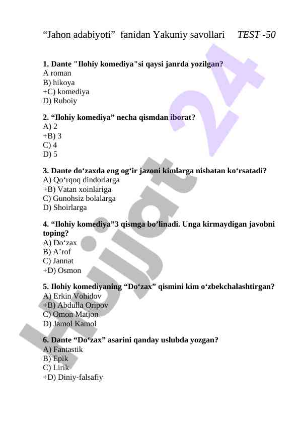 Jahon adabiyoti fanidan yakuniy savollar test