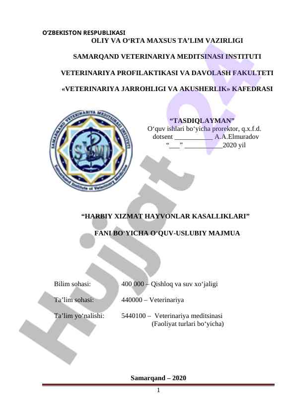 Harbiy xizmat hayvonlar kasalliklari o‘quv uslubiy majmuasi