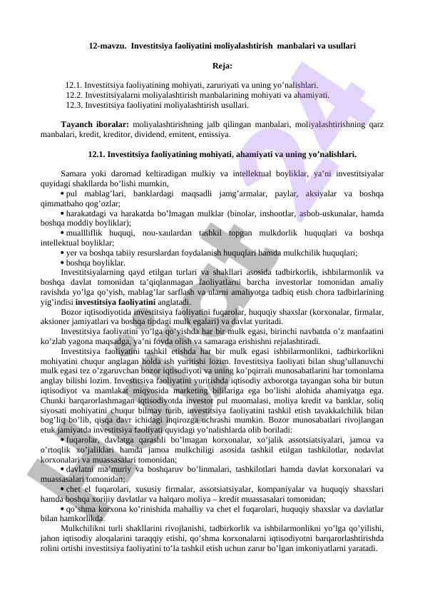 Investitsiya faoliyatini moliyalashtirish manbalari