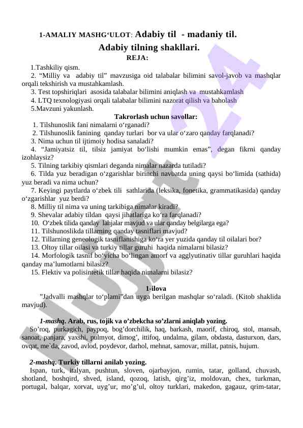 Adabiy til va madaniy til mavzusida mashg‘ulot rejasi