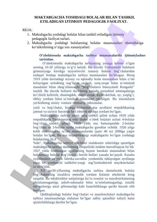 Ijtimoiy pedagogik faoliyat maktabgacha yoshdagi bolalar bilan