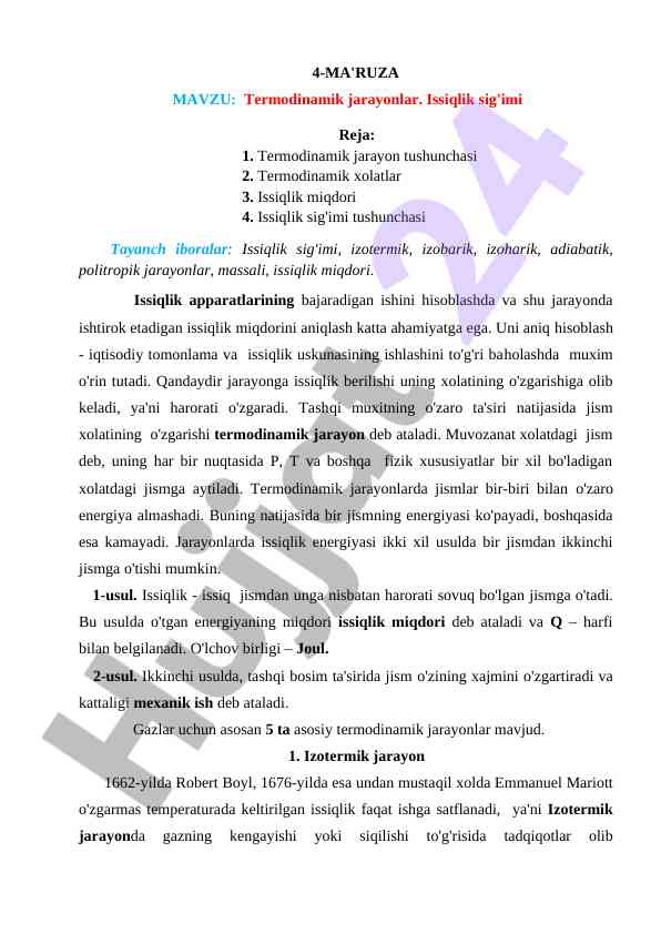 Termodinamik jarayonlar va issiqlik sig'imi