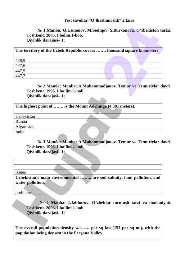 Oʻlkashunoslik 2 kurs test savollarining taqdimoti