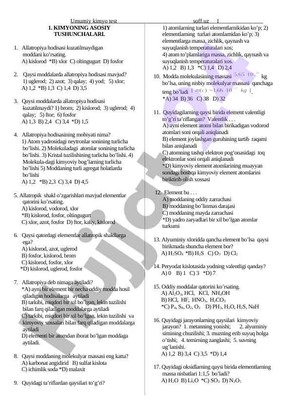 Kimyoning asosiy tushunchalari test savollari